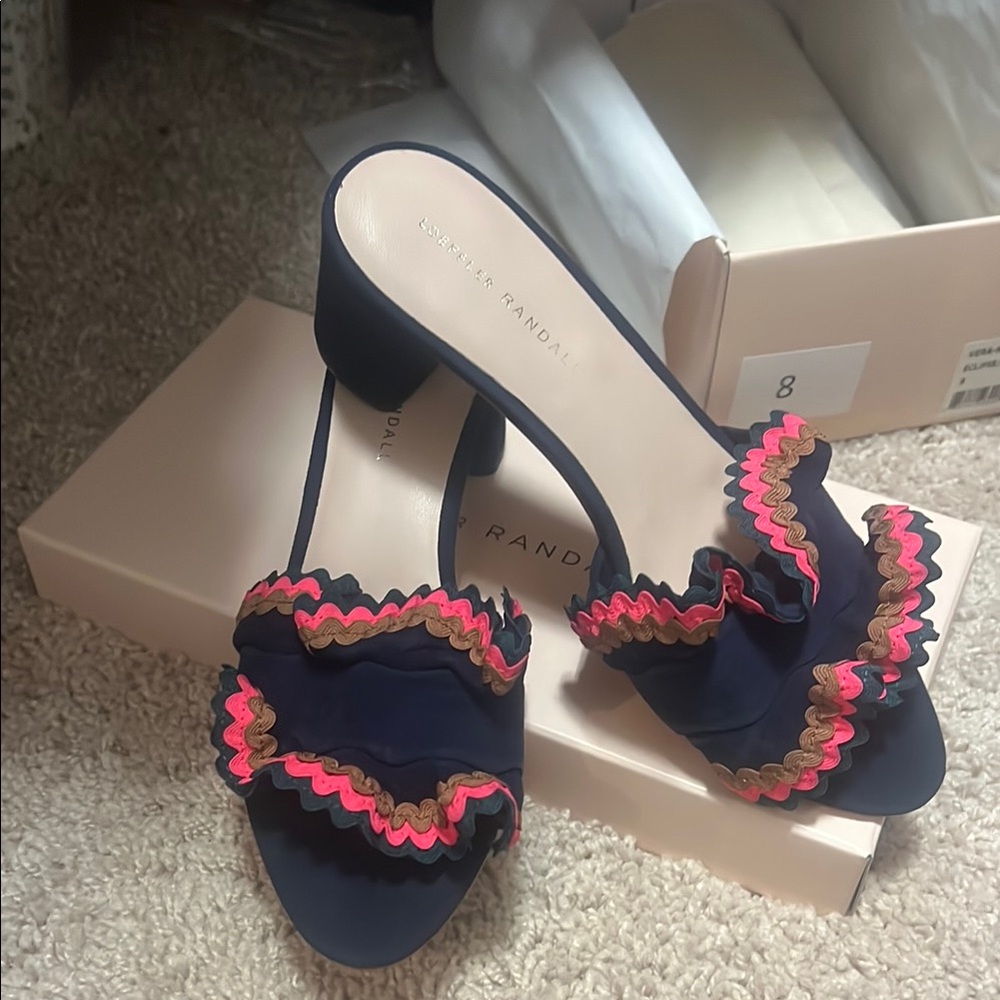 Loeffler Randall Navy Sandals with Coral Ruffle